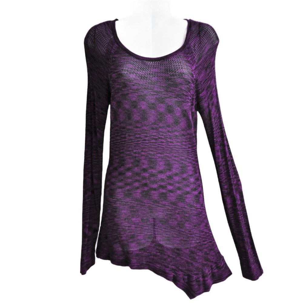 Rock & Republic Purple Marled Open Knit Tunic Dress Asym Hem Long Sleeve M